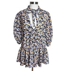 3/$30 ASOS Babydoll Mini Dress Purple Floral Tiered Long Sleeve Tie Neck Size 12